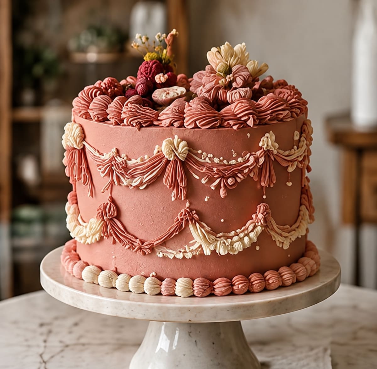 A terracotta pink cake with vintage piped swags, bows and beaded borders on a marble stand
