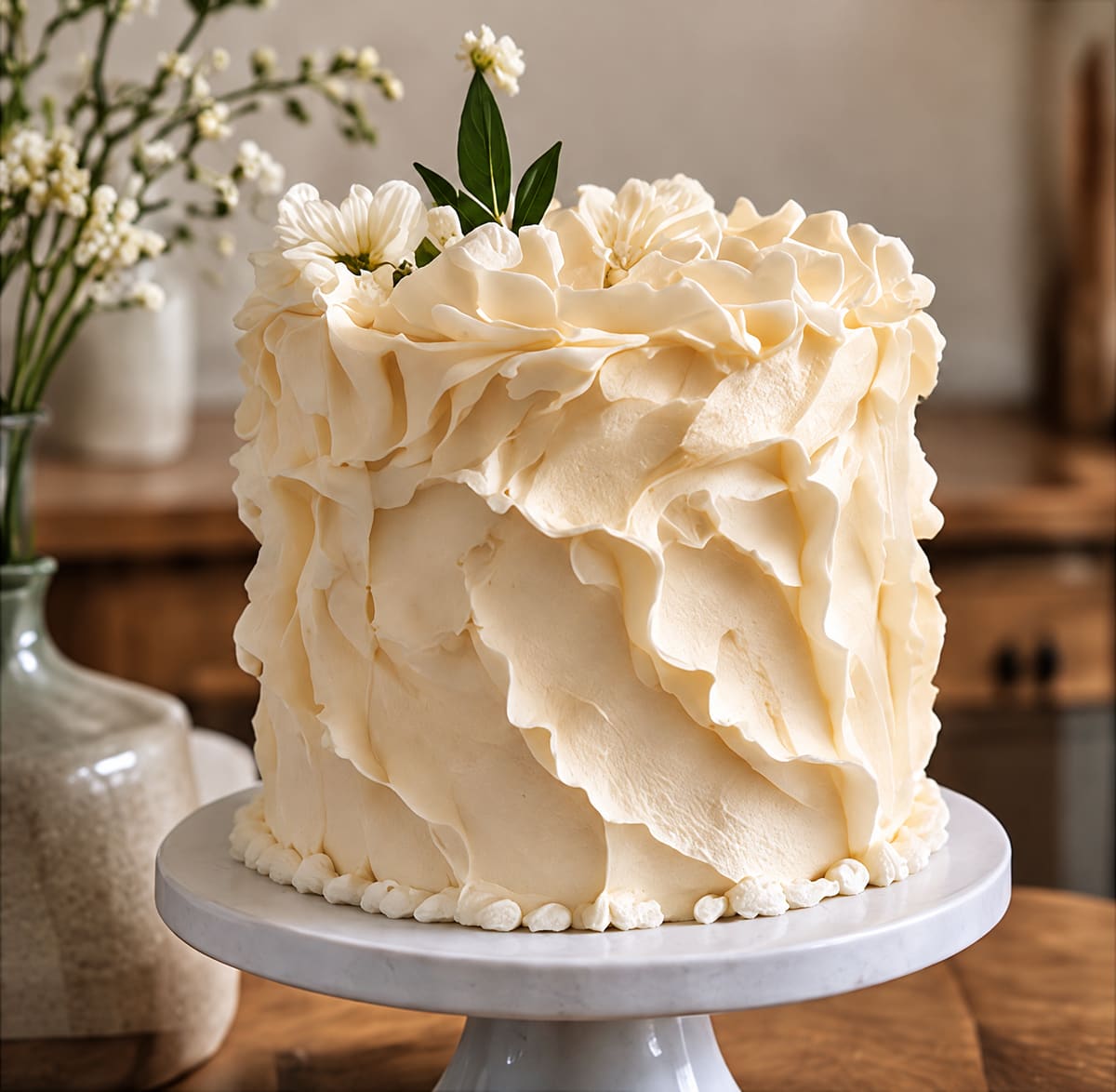 A cream buttercream cake with sculpted ruffled layers on a white cake stand