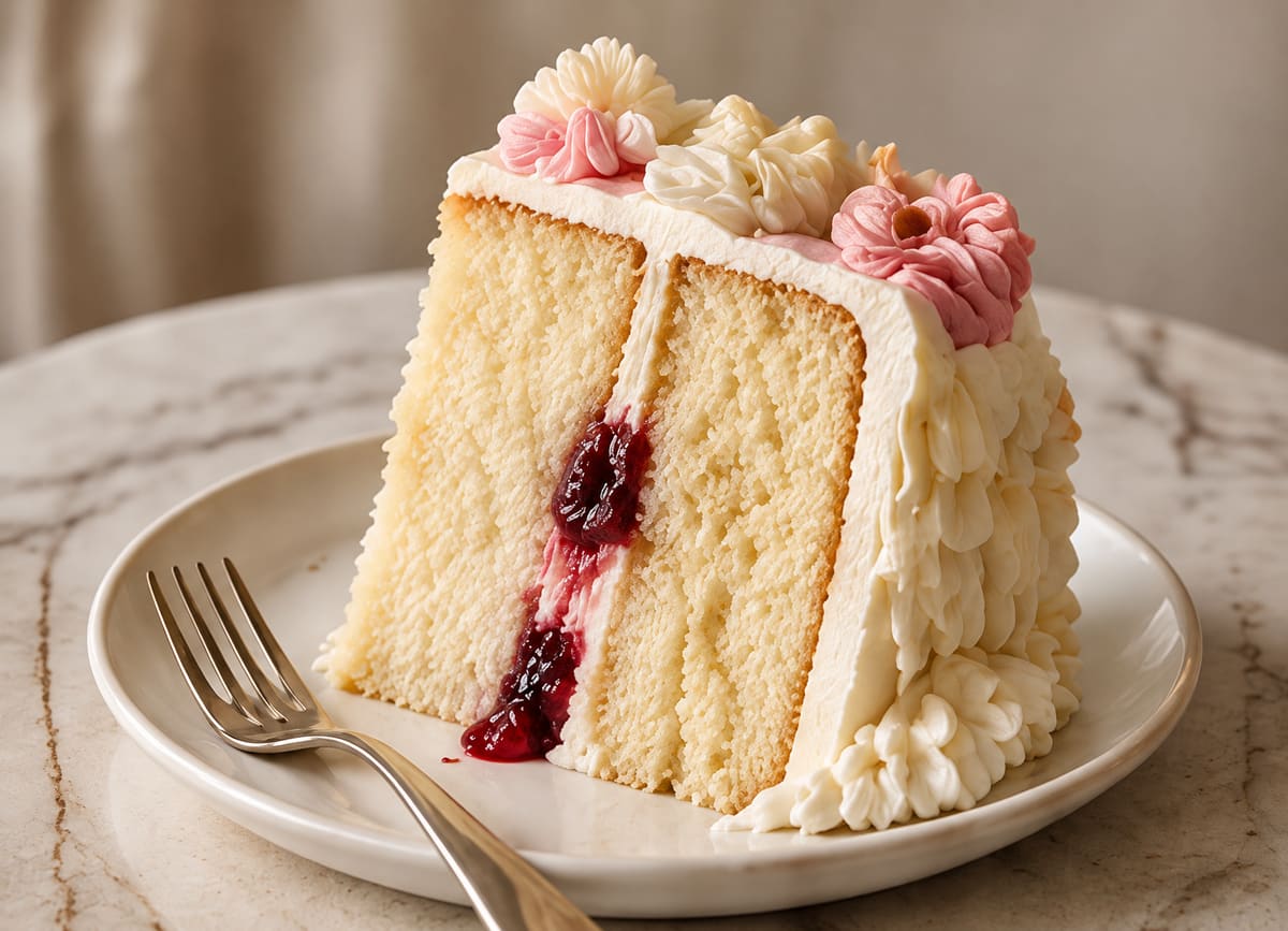 A slice of layered vanilla celebration cake with berry filling and piped buttercream flowers on a plate with a fork