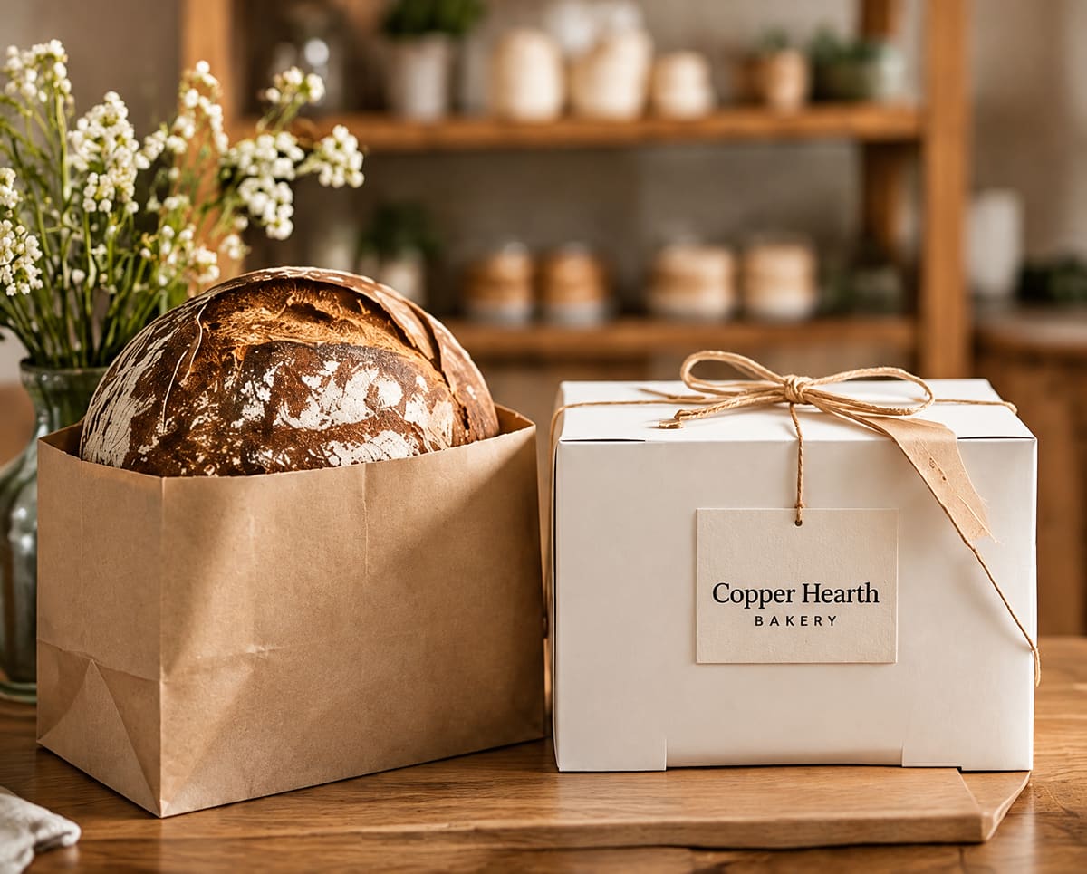 A sourdough loaf in a kraft paper bag beside a white cake box tied with twine and a Copper Hearth Bakery tag, on a wooden bakery counter