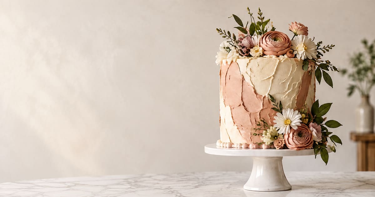 A tall celebration cake with pale terracotta and cream buttercream, topped with seasonal flowers, on a white ceramic pedestal against a warm cream wall