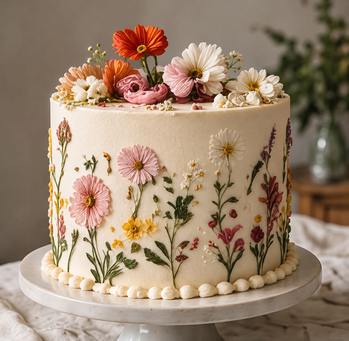 A cream cake decorated with painted and piped wildflowers, topped with fresh blooms