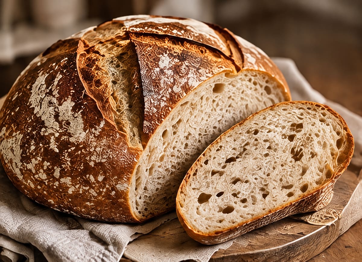 A round sourdough loaf with a blistered golden crust beside two thick slices showing an open crumb
