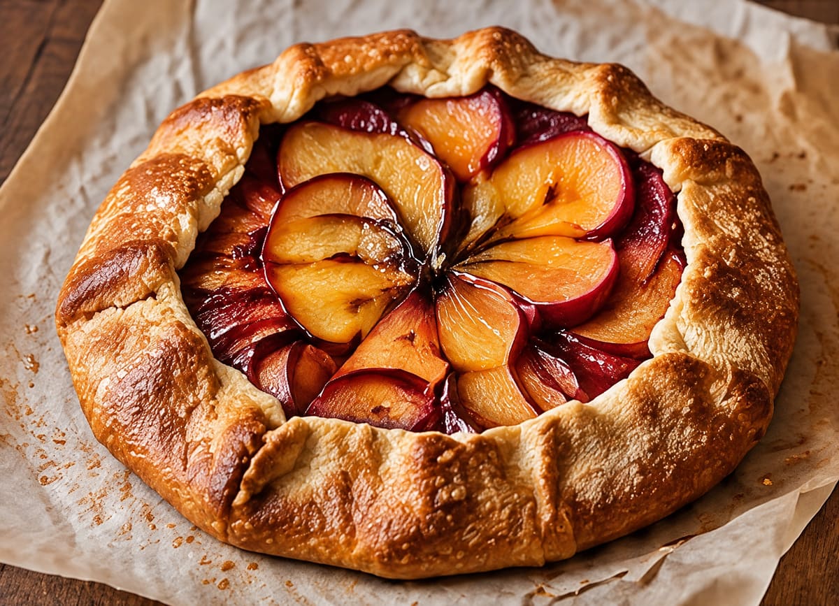 A rustic galette with a folded golden crust filled with sliced stone fruit on baking paper